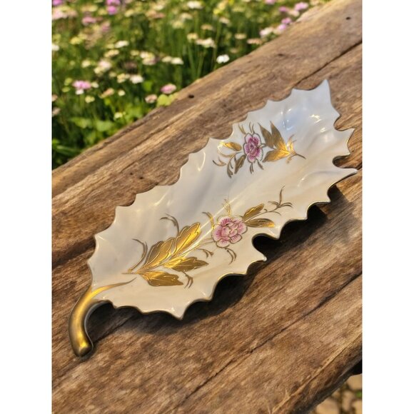 Vintage Kalk White German Porcelain Leaf Dish Floral Gold Trim Floral 10.5" cros - Picture 1 of 11